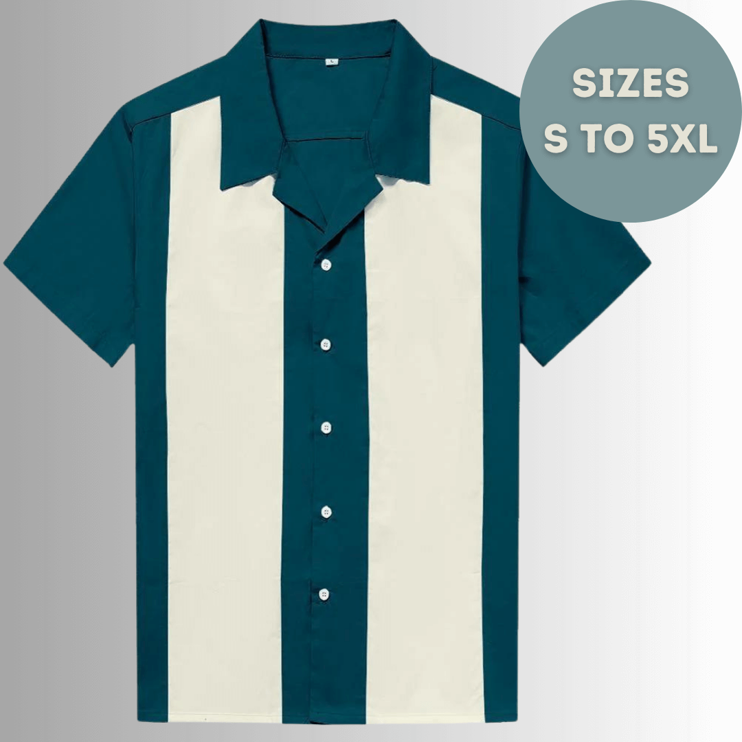 Retro teal and white striped bowling shirt available in sizes S to 5XL. Perfect for vintage bowling events.