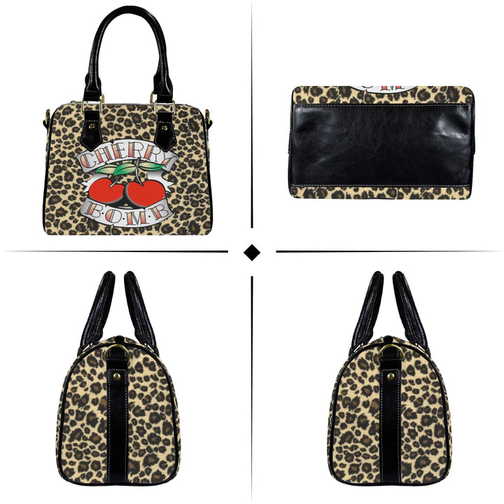 Cherry Bomb Handbag featuring a leopard print design and bold cherry graphic, ideal for stylish everyday use.