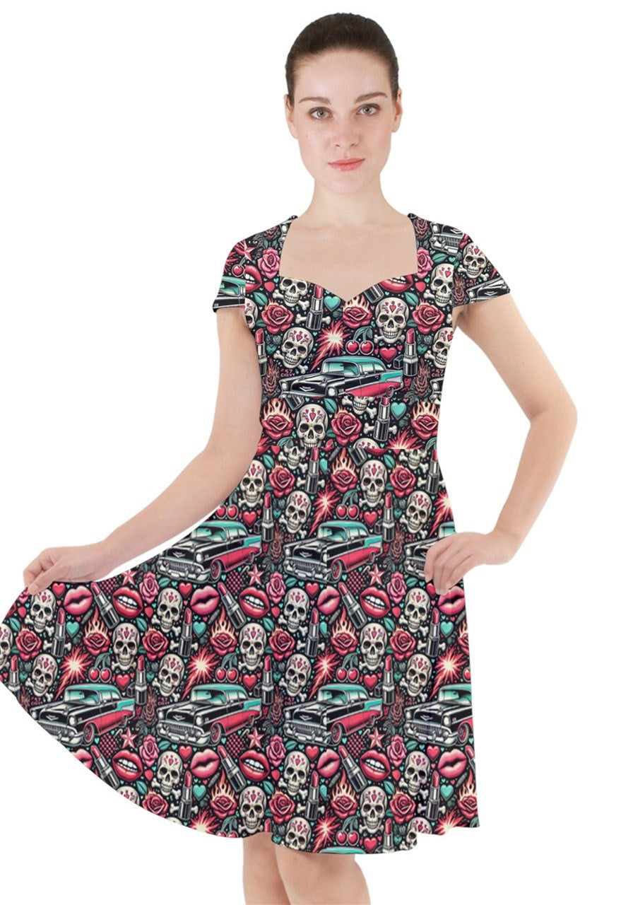 Rebel Rose rockabilly dress with cap sleeves and colorful skull and rose pattern, perfect for casual outings.