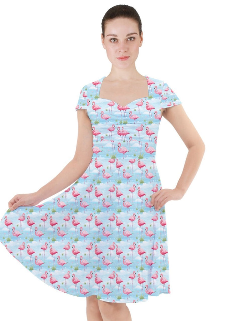 Flamingo Dreams Cap Sleeve Midi Dress With Pockets