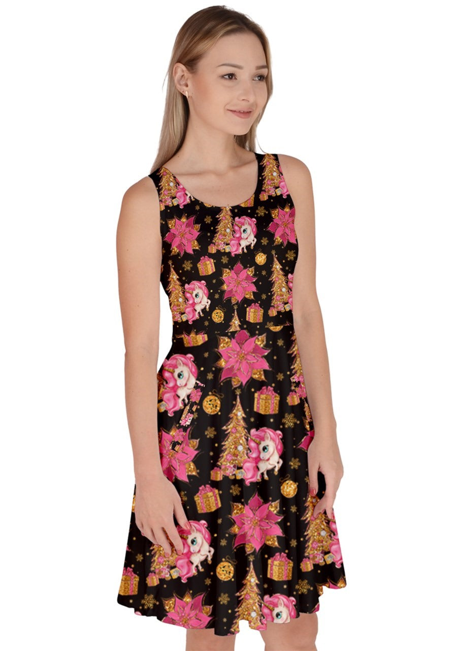 Christmas Unicorn Knee Length Skater Dress with Pockets in Black and Pink Floral Pattern, Perfect for Festive Wear.