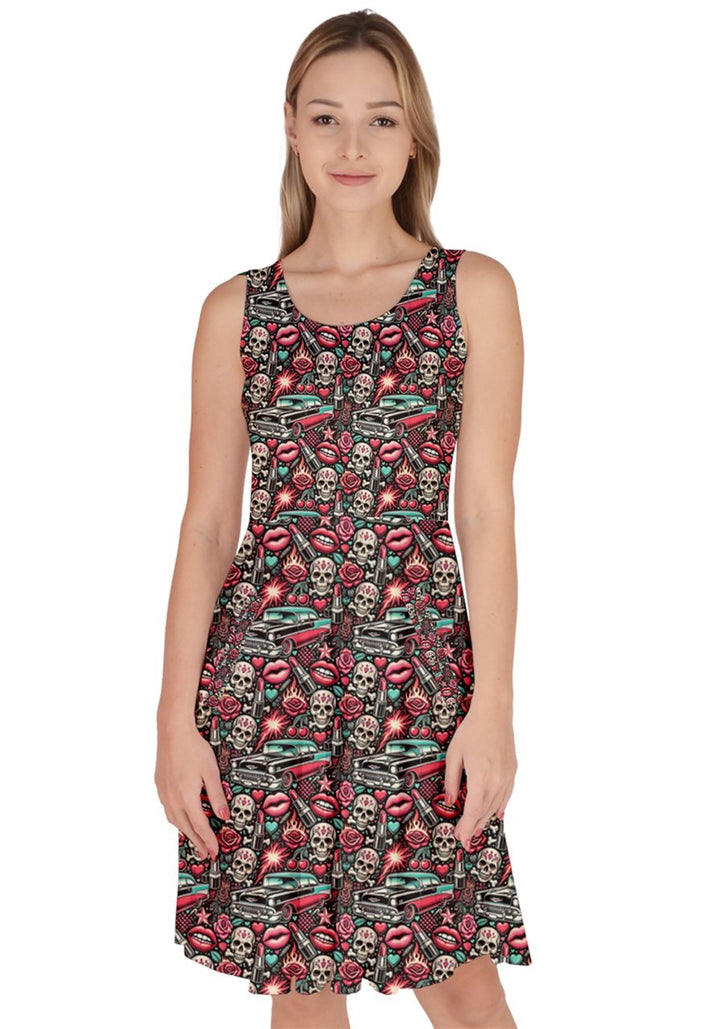 Rebel Rose Knee Length Skater Dress With Pockets