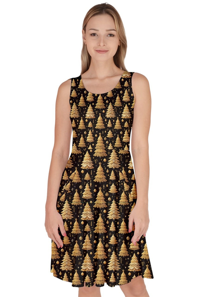 O Christmas Tree knee-length skater dress with gold tree print on black background, featuring convenient pockets.