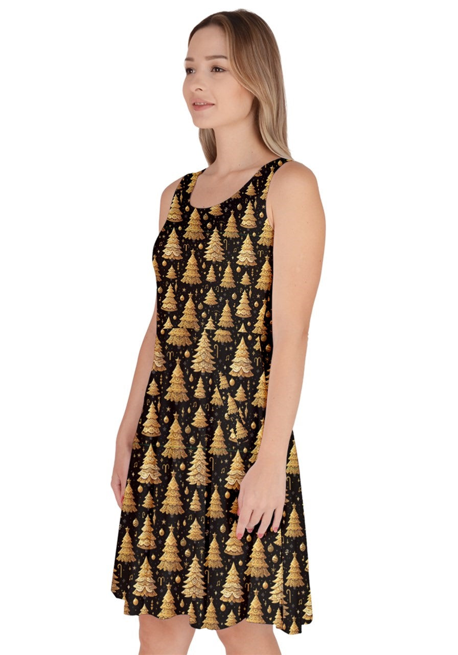 O Christmas Tree knee-length skater dress featuring gold Christmas tree print on a black background, perfect for holiday parties.