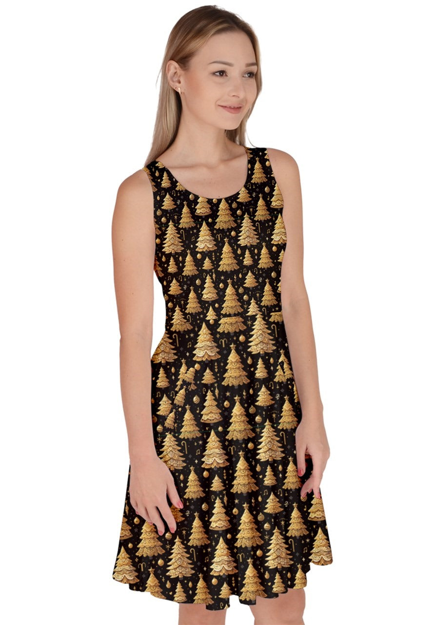 O Christmas Tree knee length skater dress featuring gold Christmas tree print on a black background, perfect for holiday festivities.