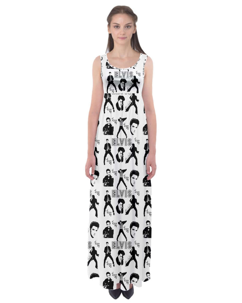 Elvis Print Maxi Dress featuring iconic silhouettes of Elvis in a vibrant black and white design, perfect for rock 'n' roll fashion.