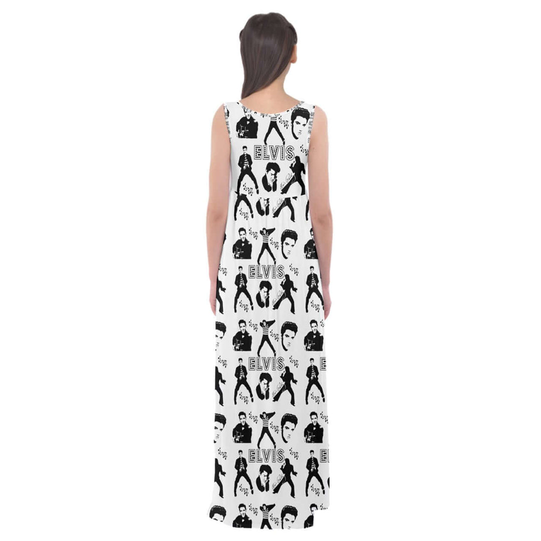 Back view of the Elvis Print Maxi Dress featuring iconic Elvis images on a stylish white fabric.