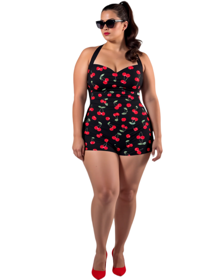 Black Cherries Boyleg Halter Swimsuit