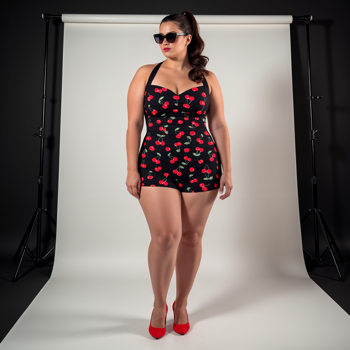 Black Cherries Boyleg Halter Swimsuit