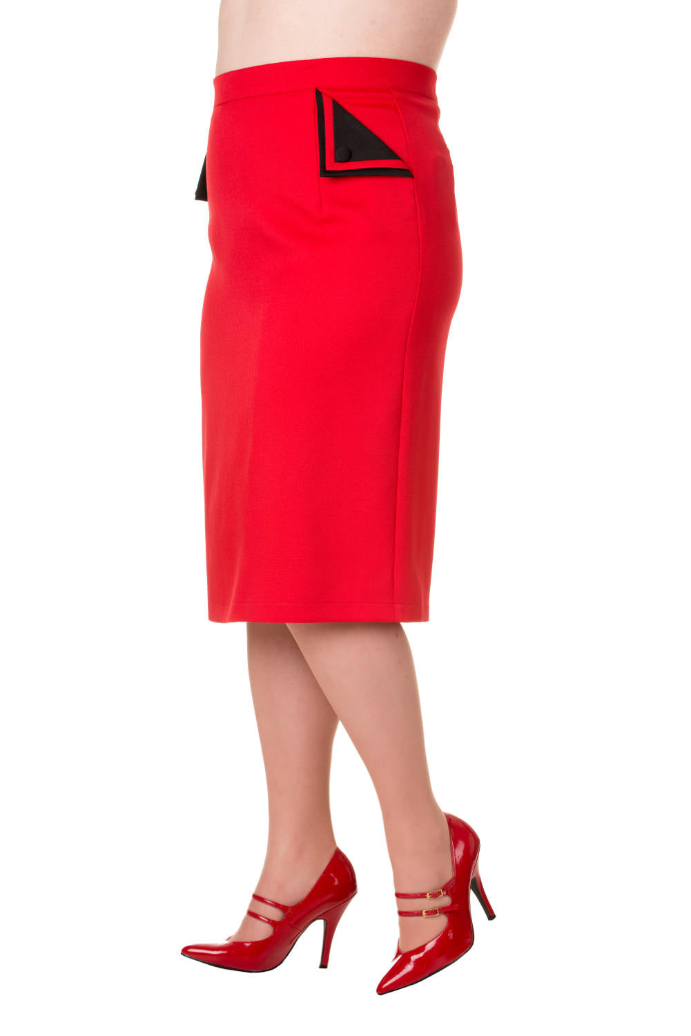 Side view of the Classic Plus Size Tori Pencil Skirt in red, featuring stylish pockets and paired with red high heels.