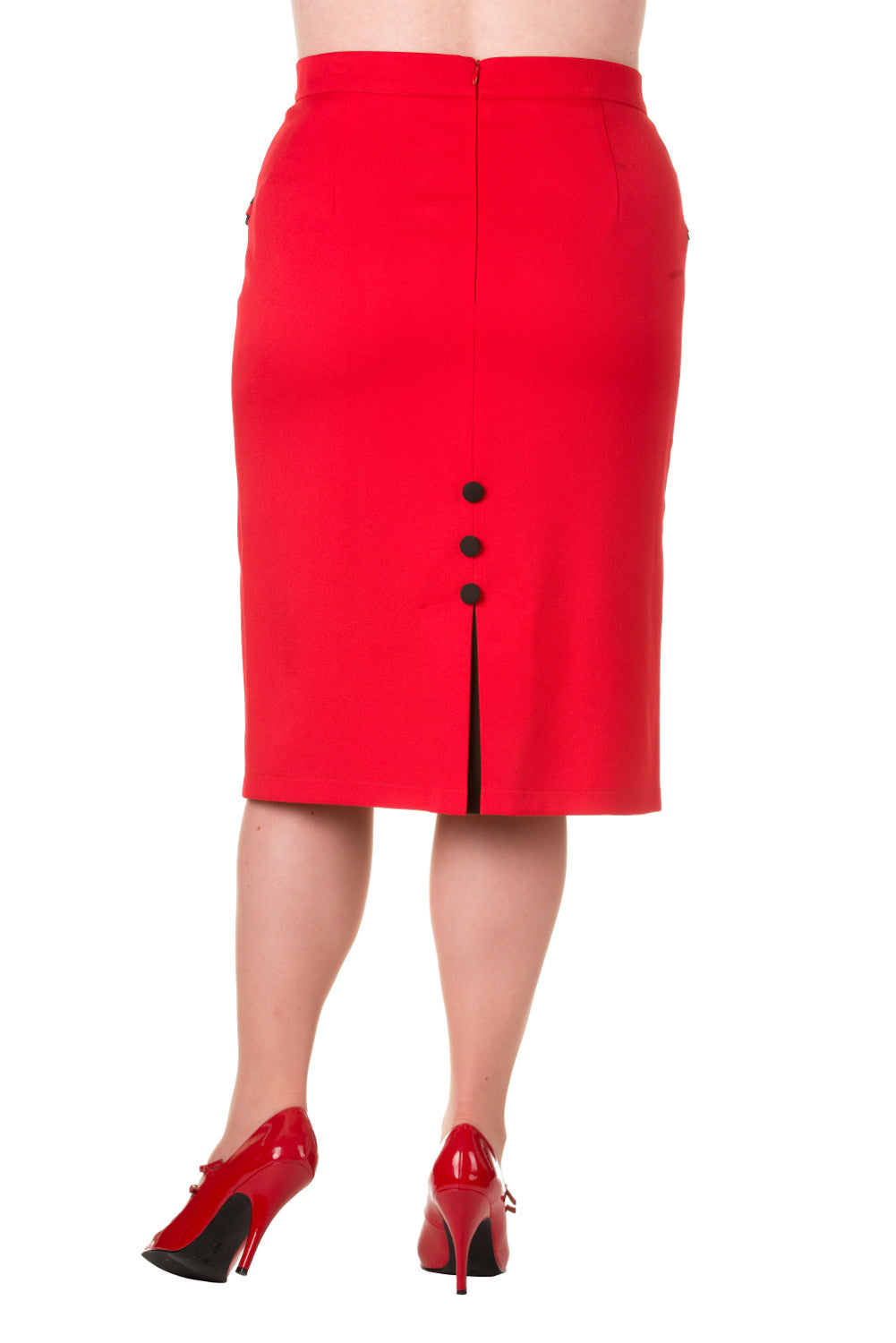 Back view of a plus size red Tori Pencil Skirt featuring button details and a slit, styled with sleek red heels.