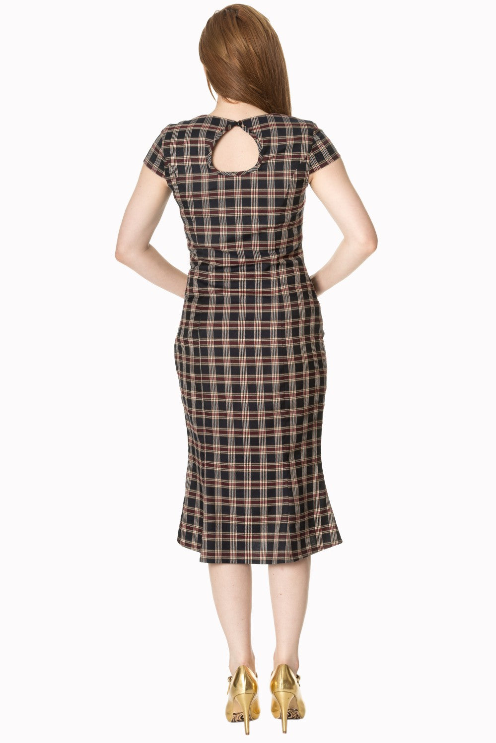 Back view of the Elvis Ain't Dead swing dress featuring a plaid pattern and cap sleeves with a keyhole detail.