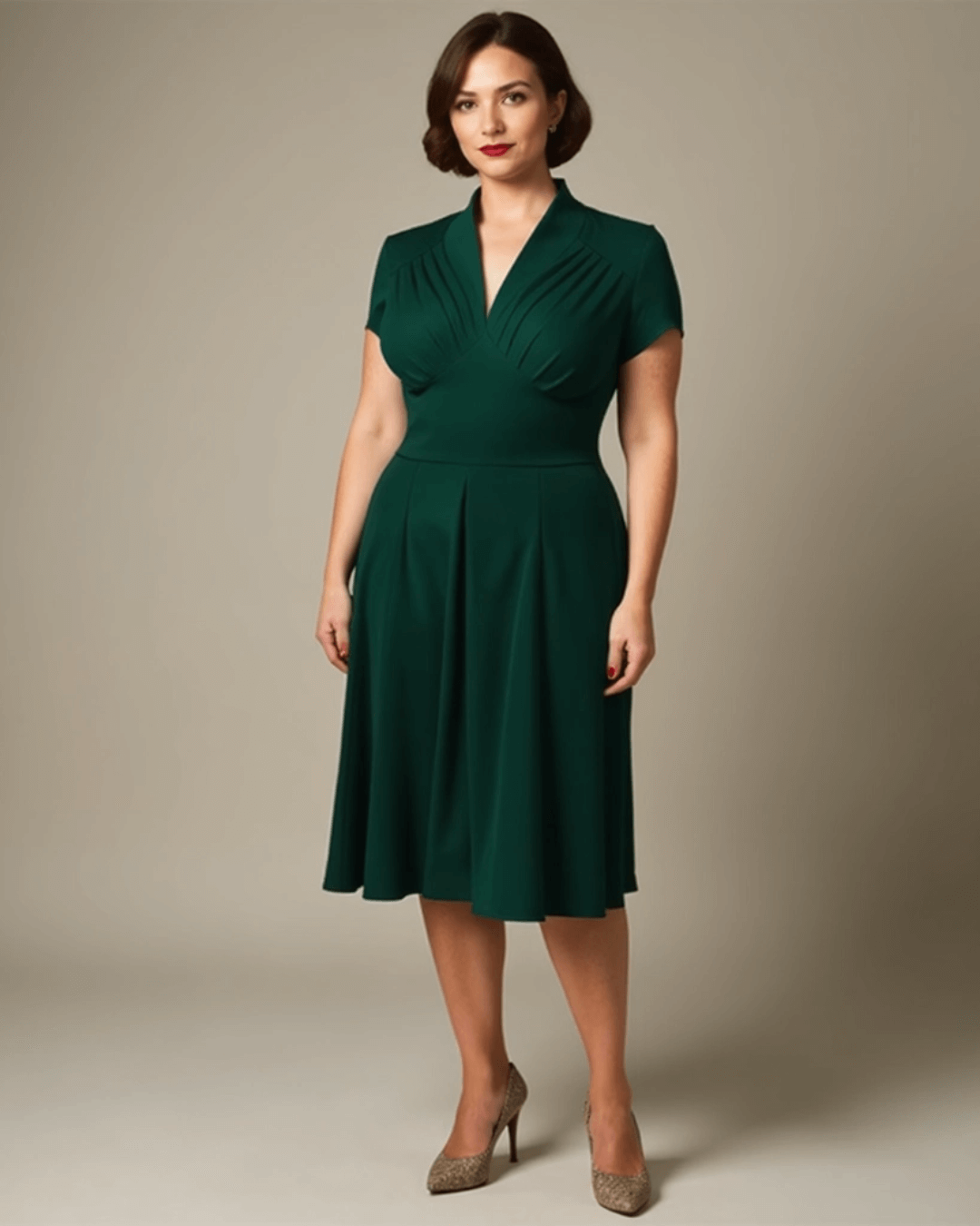 Timeless Elegance vintage dress in dark green with chic cap sleeves and flattering silhouette, perfect for classic fashion enthusiasts.