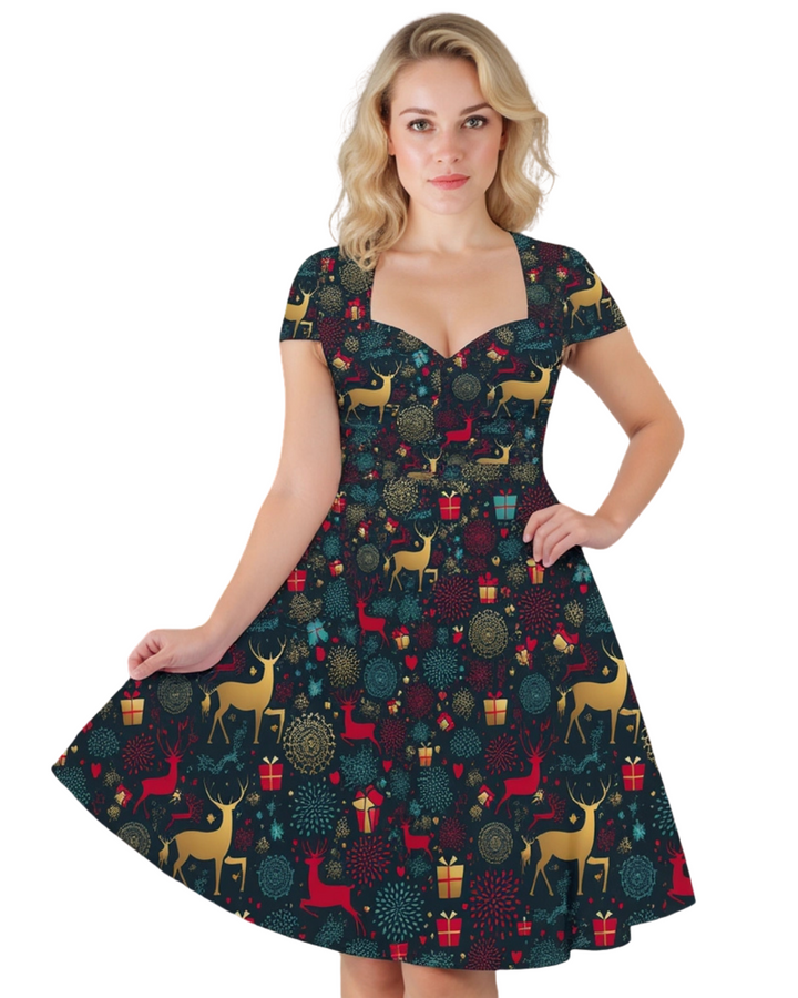 Festive Christmas reindeer midi dress with cap sleeves and pockets, perfect for holiday celebrations.