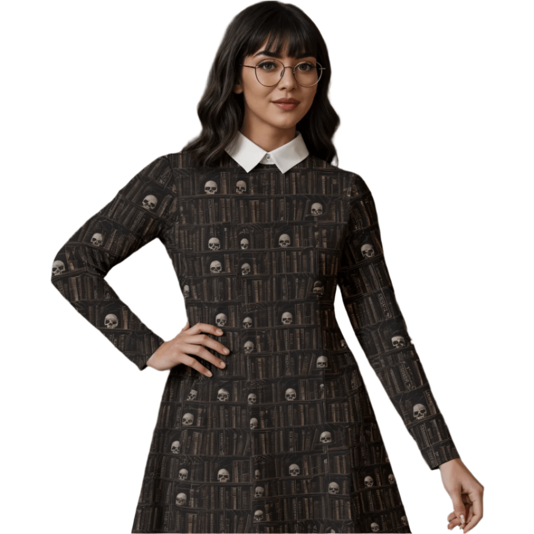 A model wearing The Haunted Library Vintage Goth Dress featuring skull and bookshelf patterns, showcasing Gothic elegance.