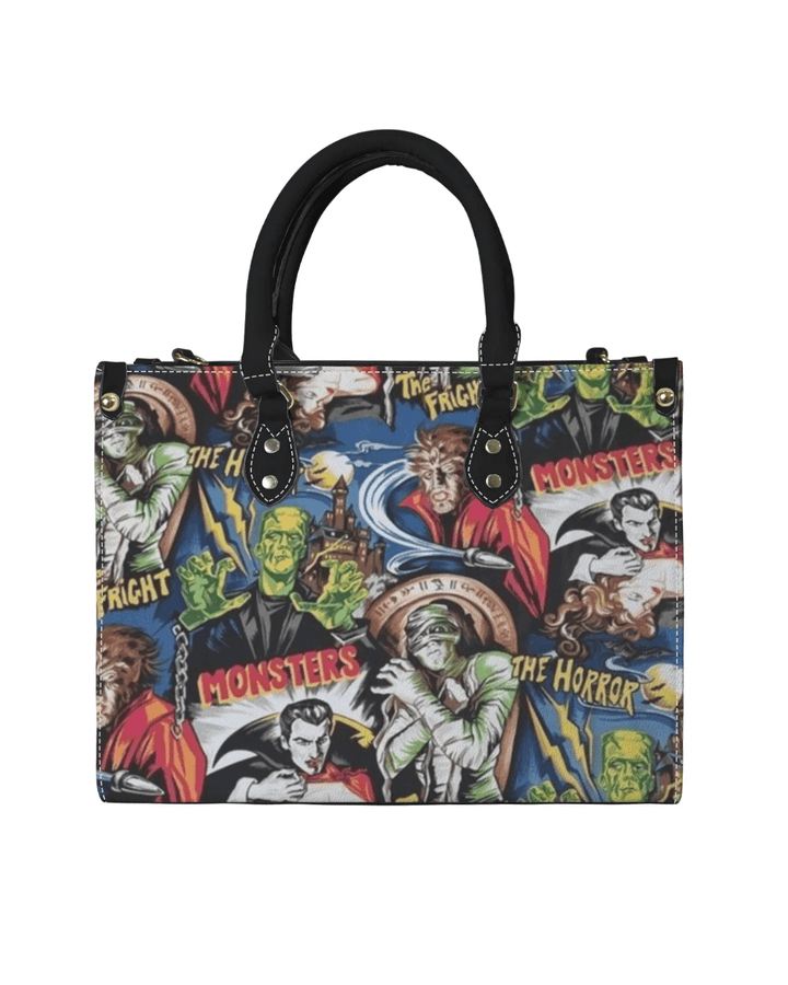 Hollywood Monsters Handbag featuring Dracula, Frankenstein, and Wolfman in colorful horror-themed design.