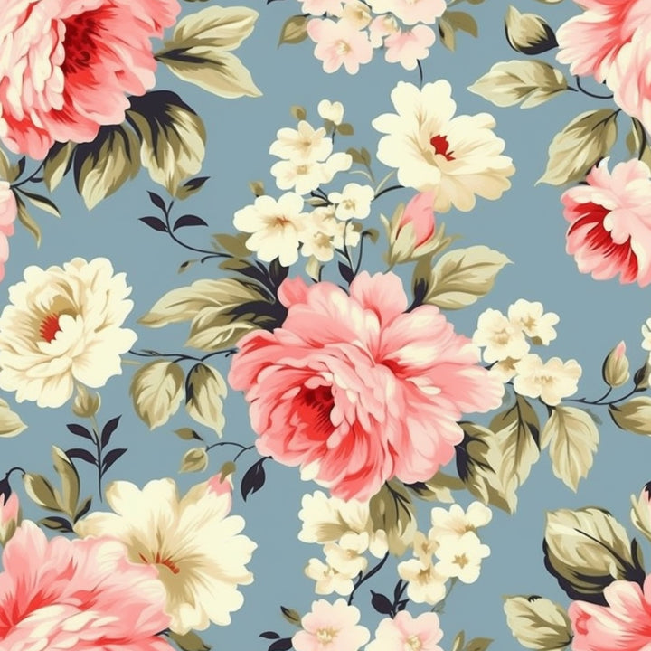 Vintage rose floral pattern on greyish-blue background, featuring large pink and cream flowers with green leaves.