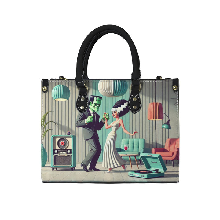 Ghouls A-Go-Go retro handbag featuring Frankenstein and his bride dancing in a stylish mid-century modern setting.