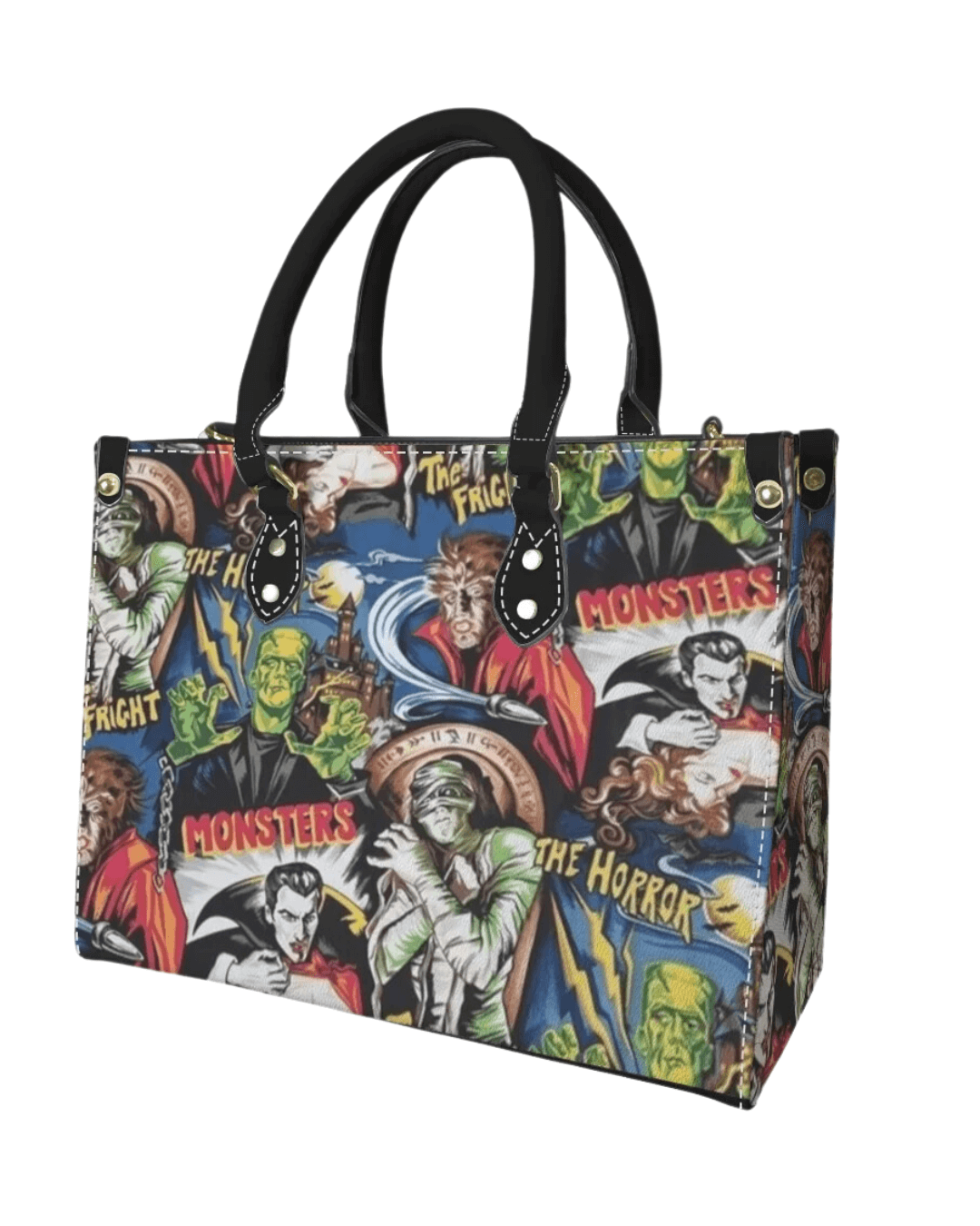 Hollywood Monsters Handbag featuring Dracula, Frankenstein, and Wolfman, perfect for vintage horror fans and bold fashion statements.