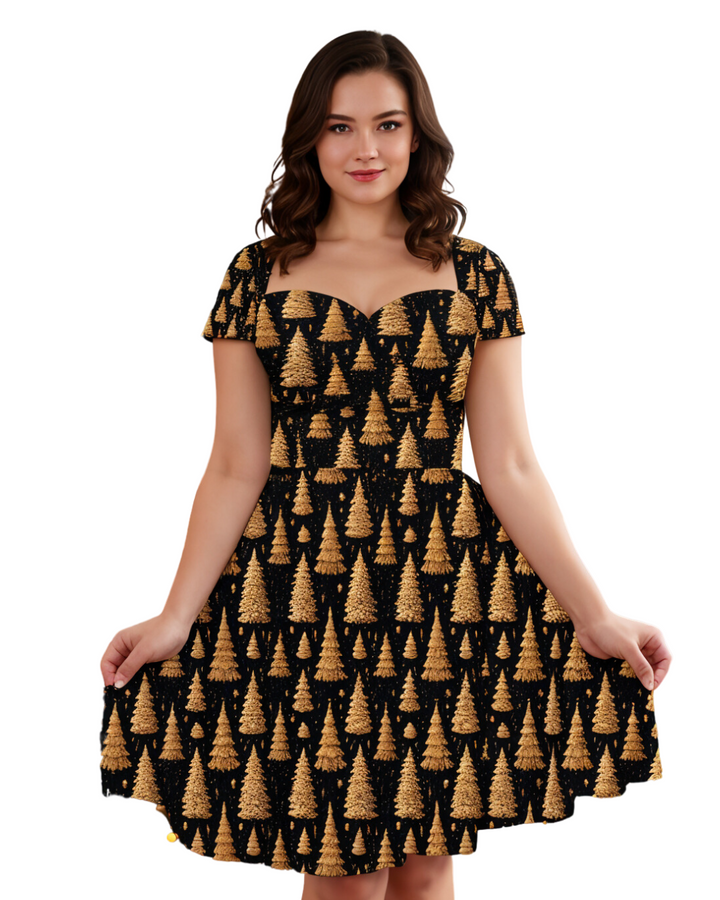 O Christmas Tree cap sleeve midi dress in black with gold tree pattern, perfect for holiday events and casual outings.