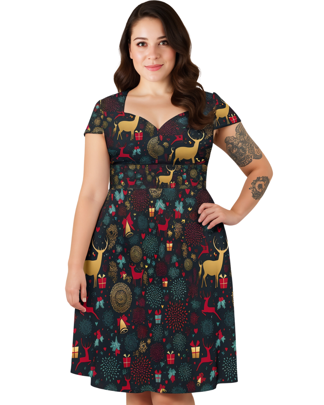 Christmas reindeer cap sleeve midi dress with pockets, featuring festive patterns and a flattering fit for all body types.