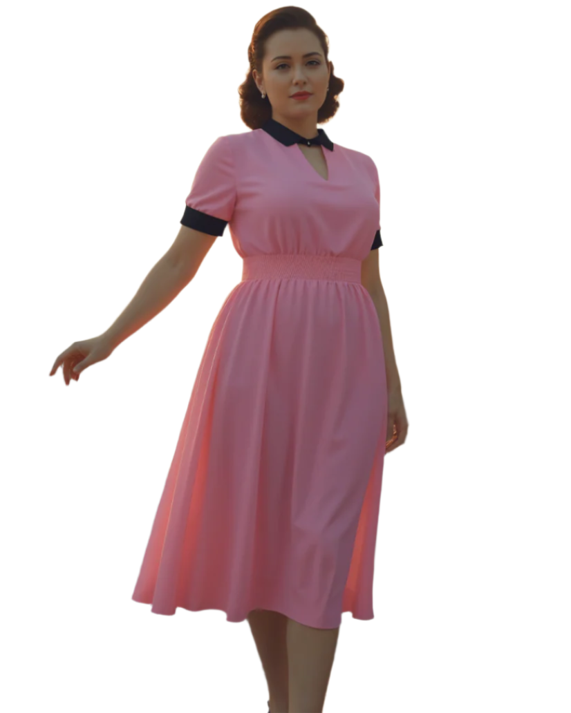 AVA 1940s Vintage Keyhole Neckline Dress Pink/Black