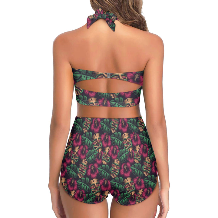 Back view of Leilani Tiki Retro High Waist Bikini featuring vibrant tropical print and flirty design. Perfect for tiki lovers.