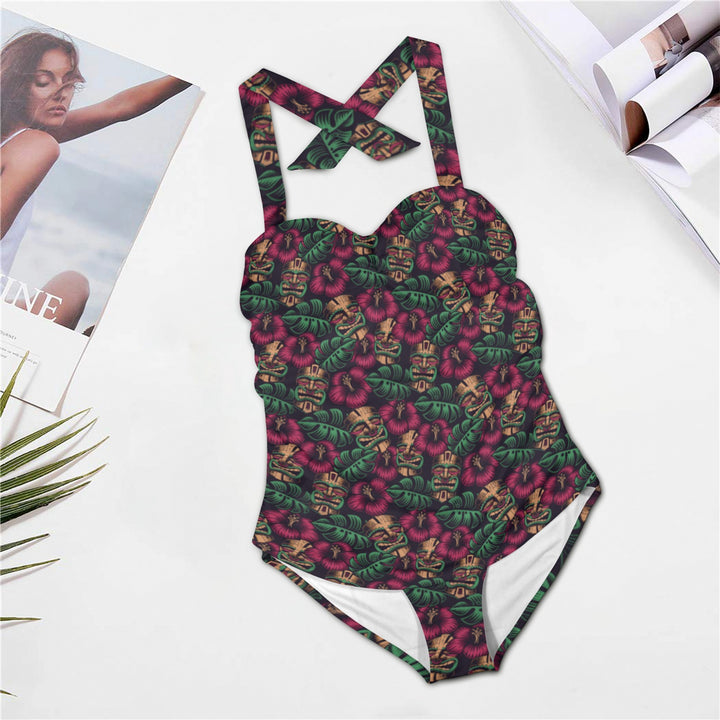 Leilani Tiki Halter Underwire Swimsuit with vibrant tropical print and supportive design, perfect for beach or pool outings.