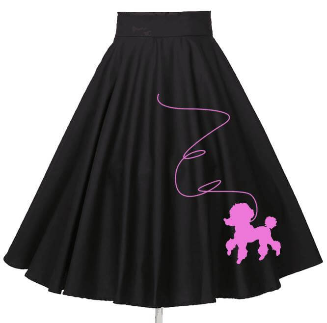 Vintage black poodle skirt with pink poodle design, full circle 1950s rockabilly style for women.