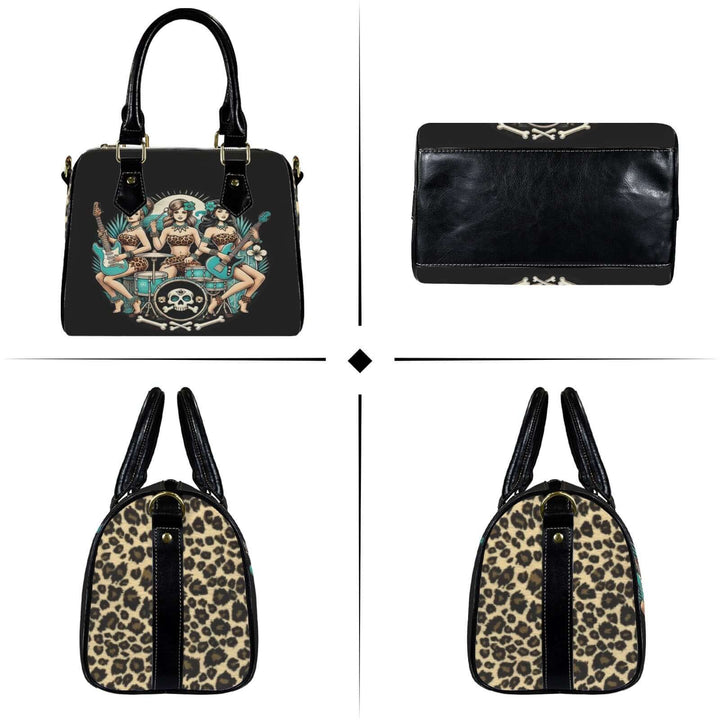 Bone Shaker Babes handbag featuring retro tiki design, leopard print accents, and stylish black finish for a unique vintage vibe.