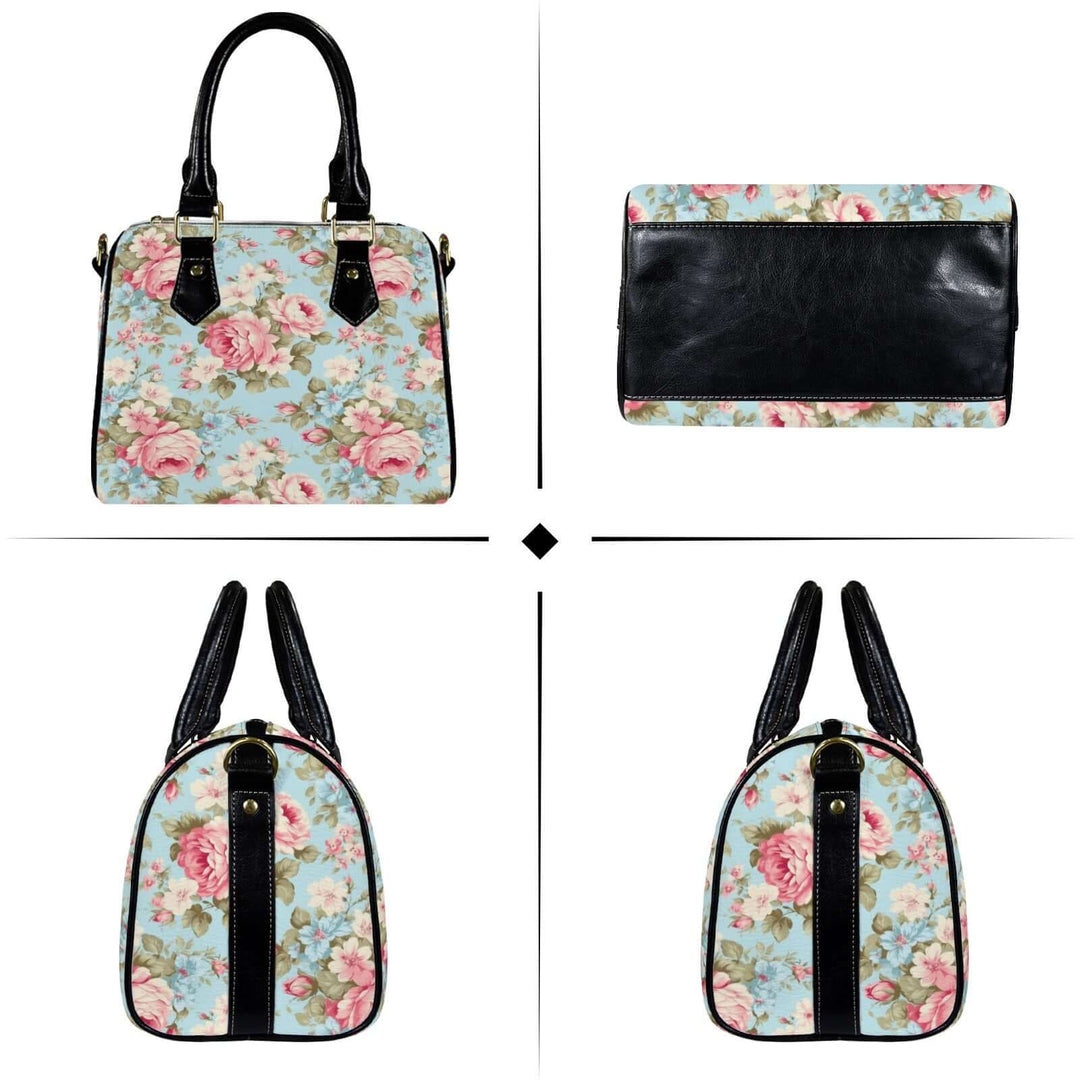 Vintage Roses Handbag featuring a floral print, sturdy handles, adjustable strap, and classic design in vegan-friendly PU leather.