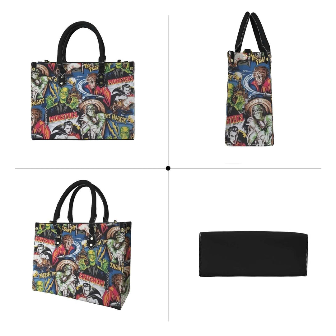 Hollywood Monsters Handbag featuring colorful vintage horror icons like Dracula and Frankenstein for a bold fashion statement.