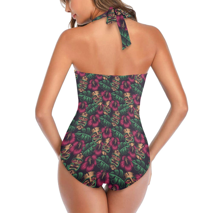 Back view of Leilani Tiki Halter Underwire Swimsuit with vibrant tiki-inspired print and halter tie. Perfect for beach or pool outings.