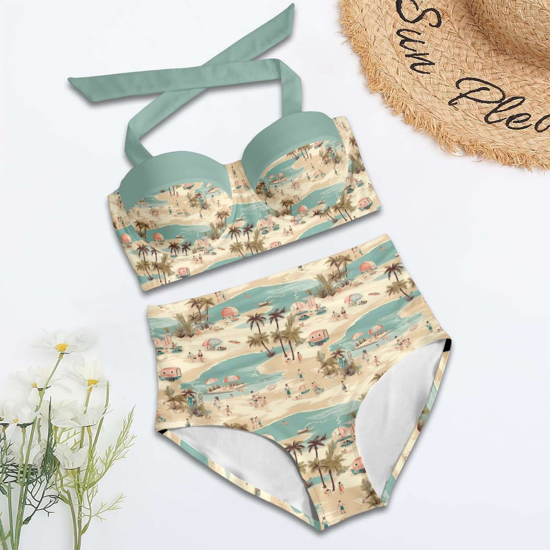 Vintage Vacation Retro High Waist Bikini with green top and palm print, perfect for stylish summer outings by the pool.