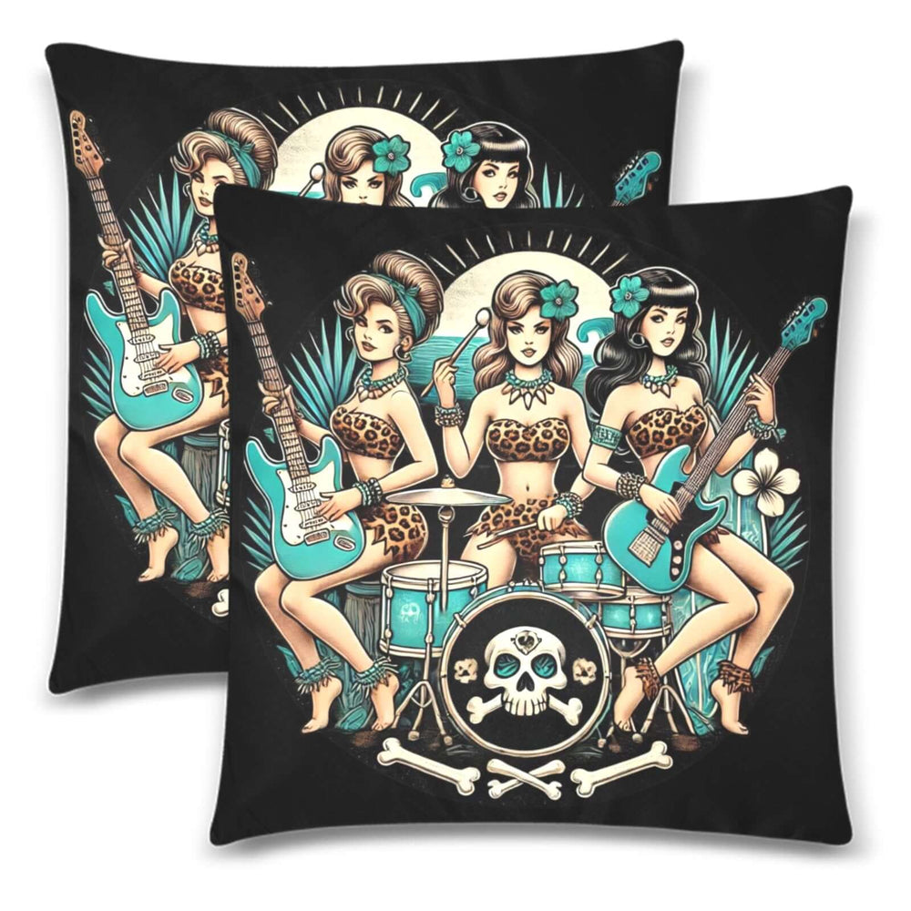 Set of two Bone Shaker Babes throw pillow covers featuring an illustrated all-girl band with a retro tiki vibe.