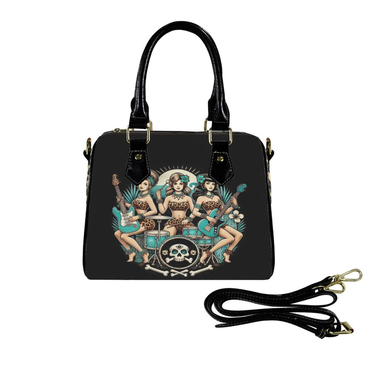 Stylish Bone Shaker Babes handbag featuring a retro tiki surfer girl band design and skull graphic. Perfect for vintage music lovers.