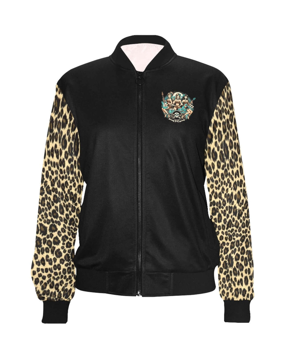 Bone Shaker Babes Women's Bomber Jacket with leopard print sleeves and retro design, exclusive to Poison Arrow Retro.