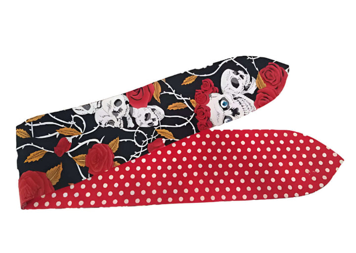 Rockabilly hair tie featuring a skull and roses design with barbed wire, black and red polka dot pattern, 85cm length.