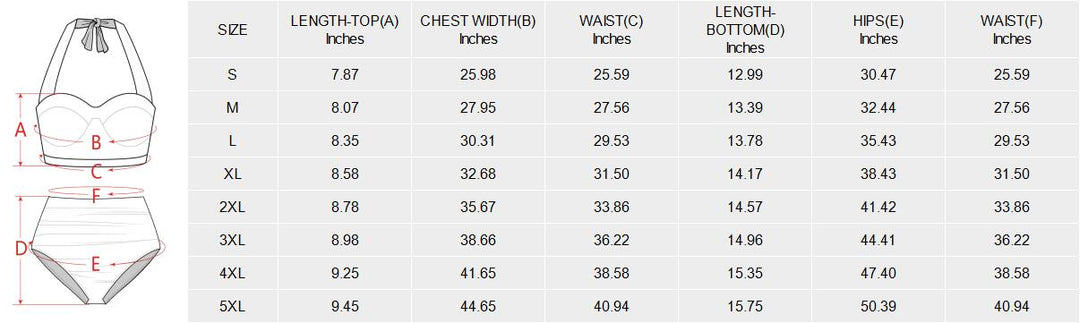 Size chart for Leopard Retro High Waist Bikini showing measurements for various sizes including S, M, L, XL, and more.