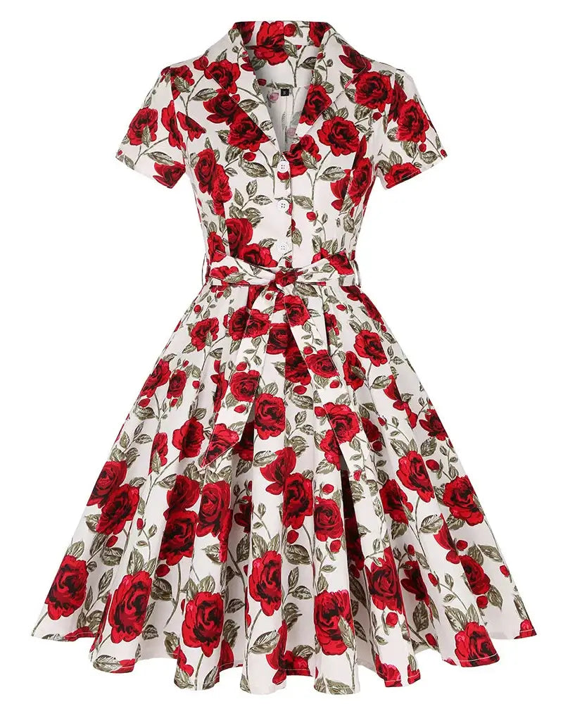 Rose Romance Vintage Swing Dress with red roses on a white background, perfect for weddings and parties.