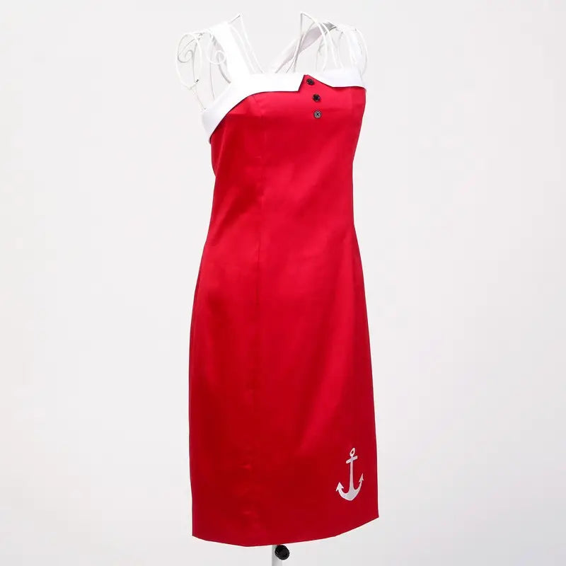 Bright red nautical pencil dress with white accents and anchor detail, perfect for a stylish and confident look.