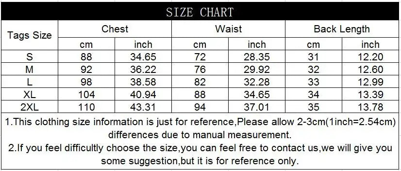 Size chart for Tropical Pinups Halter Top showing measurements for S, M, L, XL, and 2XL in cm and inches.