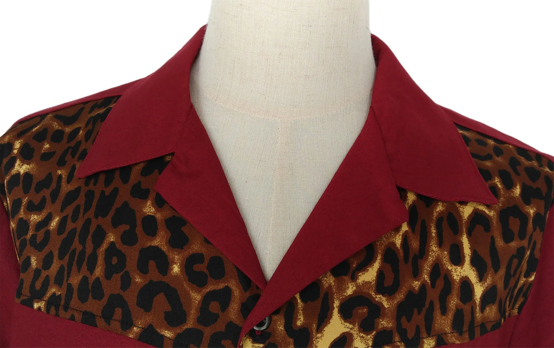 Mens Vintage Style Bowling Dress Shirt - Red Leopard - Poison Arrow Retro