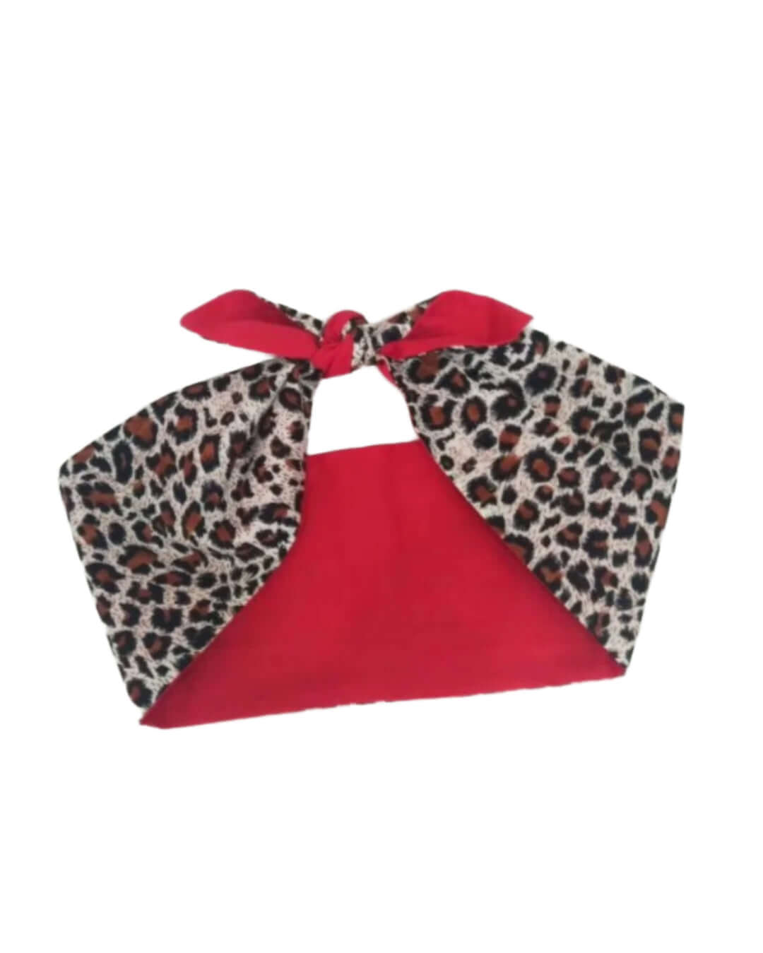 La Cheetah Leopard Print Wired Rockabilly Hair Tie with red fabric and leopard pattern design.