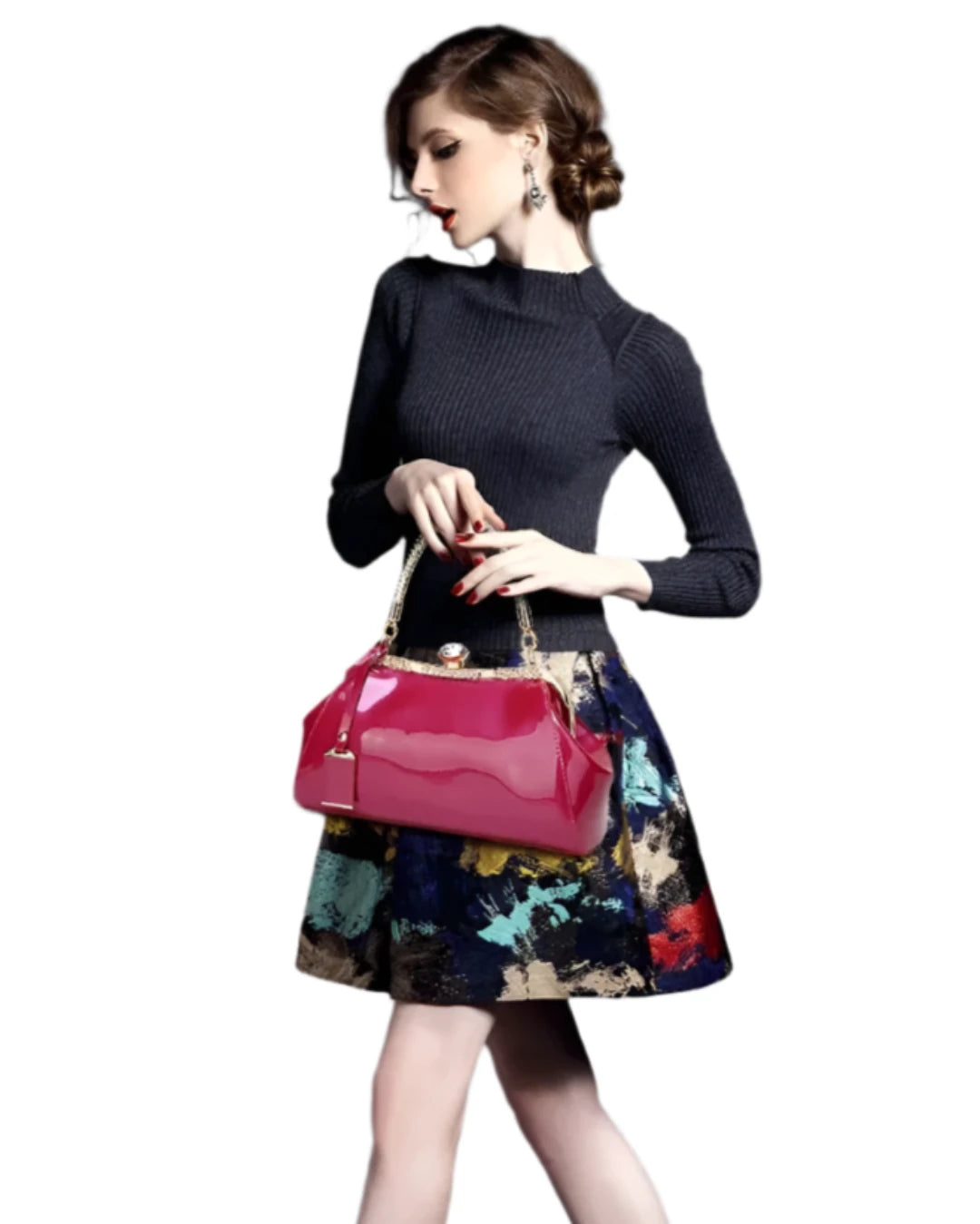 Fashionable woman in a stylish outfit holding a bright pink patent handbag, showcasing modern elegance and vibrant color.