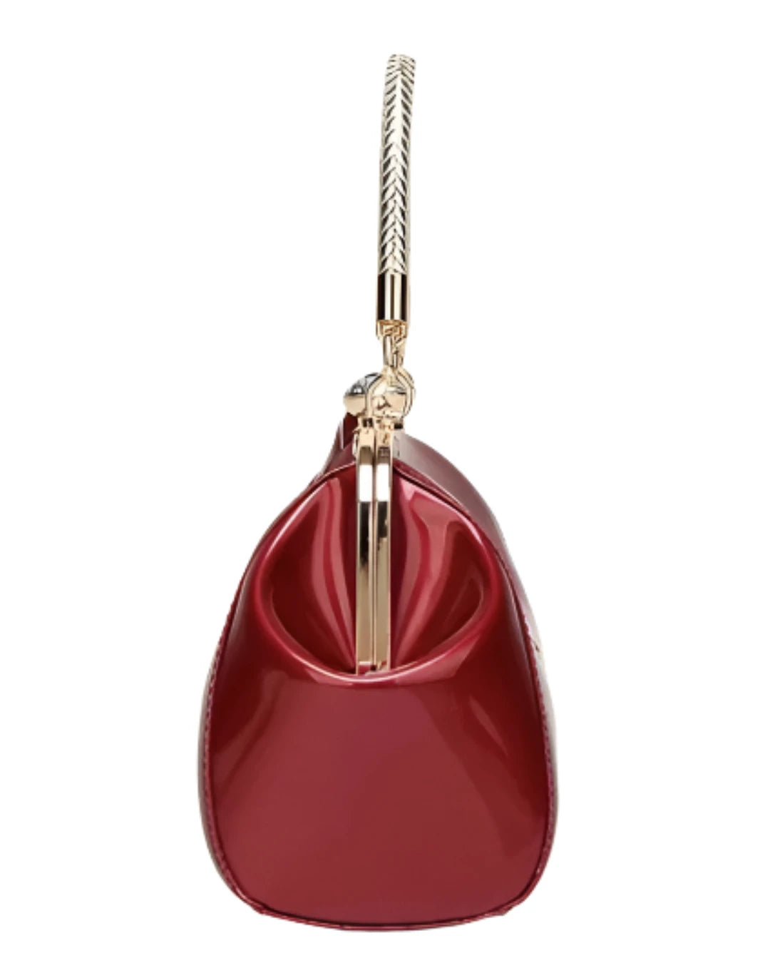 Burgundy patent women's handbag with sleek design and gold clip lock, showcasing stylish versatility.