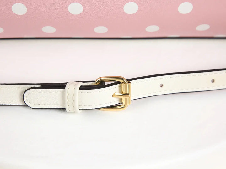 Close-up of the white adjustable strap with gold buckle on Pink Polka Dot Rockabilly Handbag.