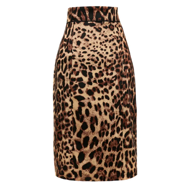 Leopard pencil skirt showcasing a sleek silhouette and luxurious fabric, perfect for a bold and confident look.