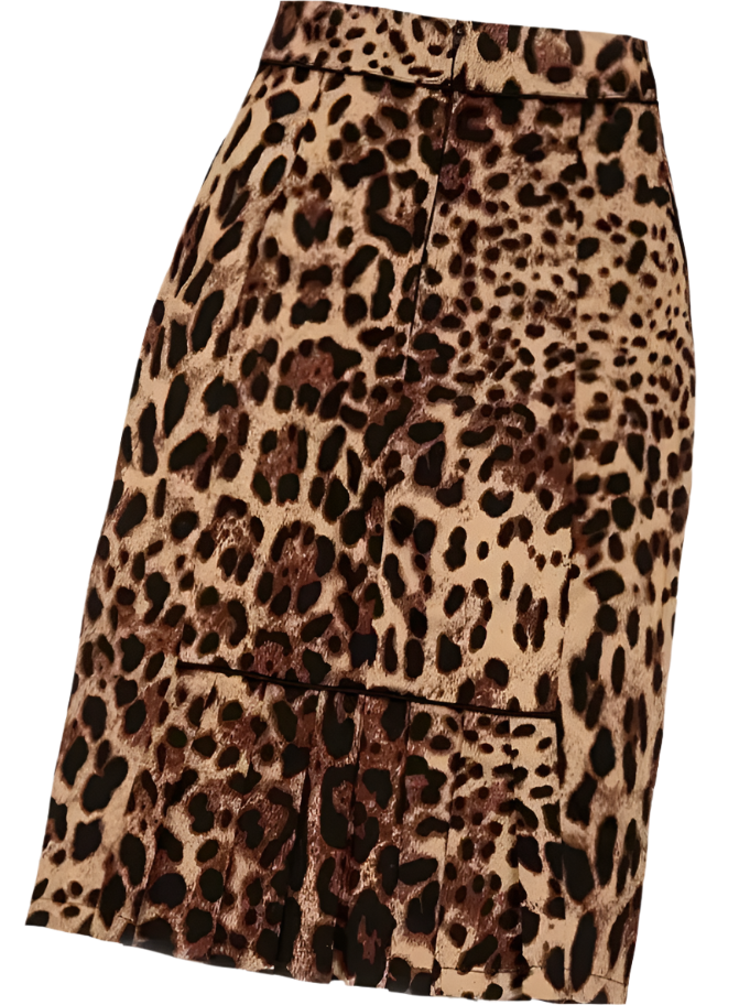 Leopard pencil skirt with a sleek silhouette and pleated hem, designed for a bold and feminine look.