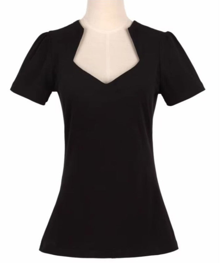 Classic black Bridget retro top with short sleeves and v-shaped neckline on display. Perfect wardrobe staple for any occasion.